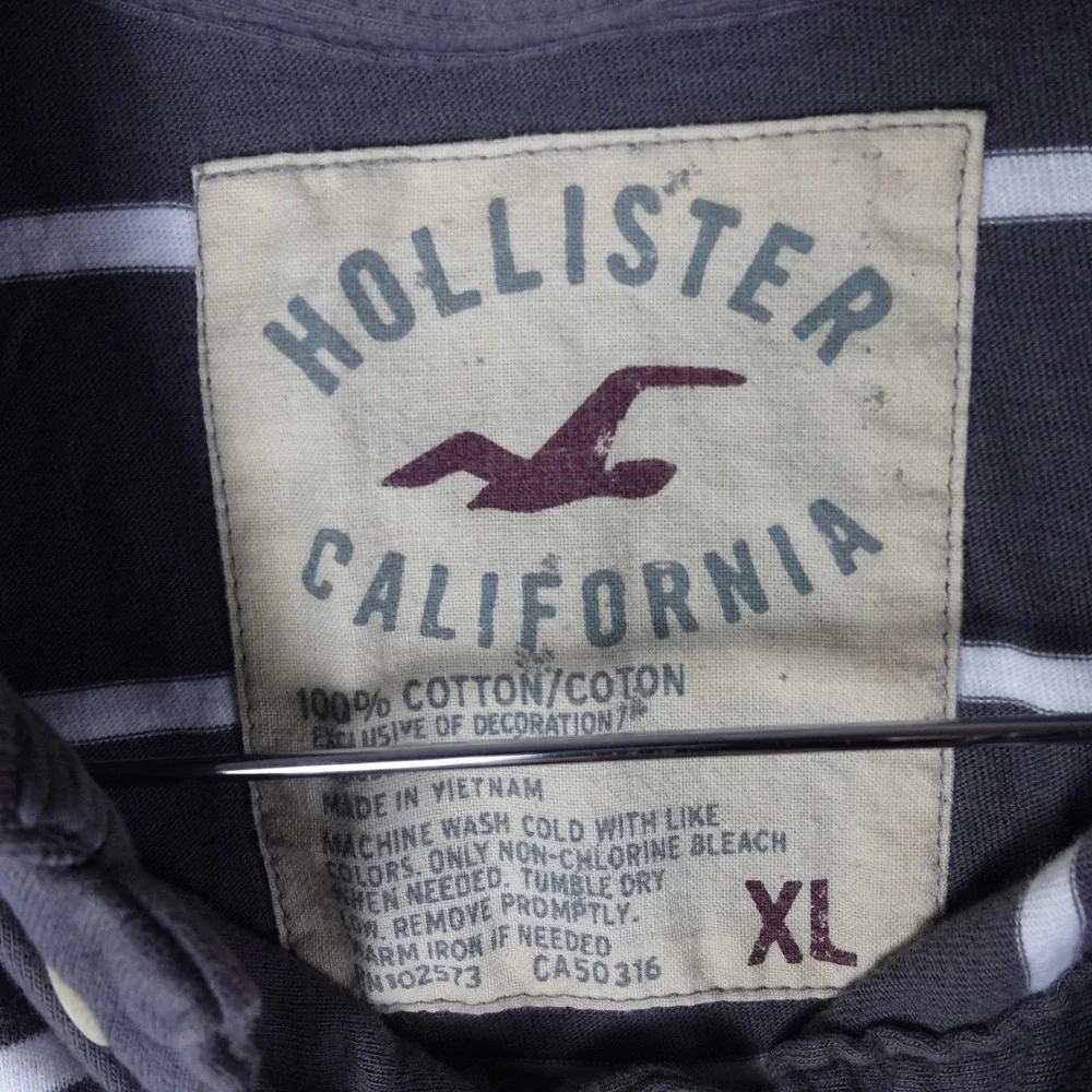 Hollister Mens XL Grey White Striped Short Sleeve Cotton Polo Shirt Logo 6271